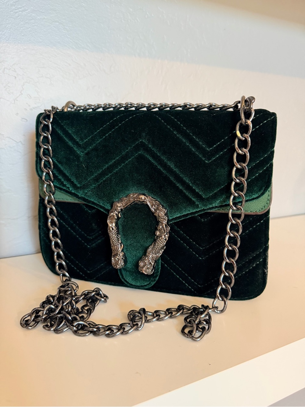 Deep Green Velvet Chain Crossbody Bag with Silver Hardware